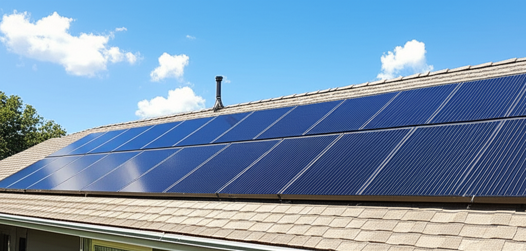 Rooftop solar panels on a sunny day